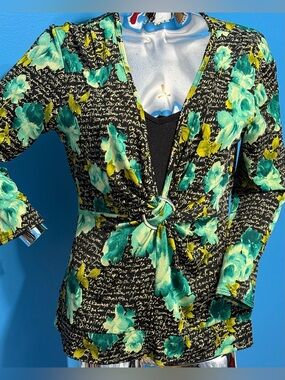 Nataya Black Grafitti Art Knot-Front Blouse with Teal & Green  Floral Accents S